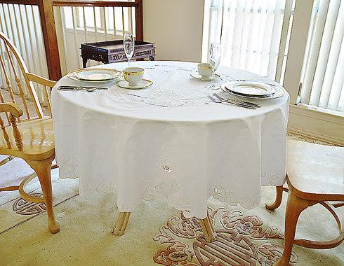 Imperial fine embroidery round tablecloth. 68" Round. White. - Click Image to Close